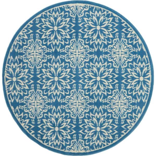 Nourison Jubilant Ivory/Blue 5 ft. x 5 ft. Moroccan Farmhouse Round Area Rug