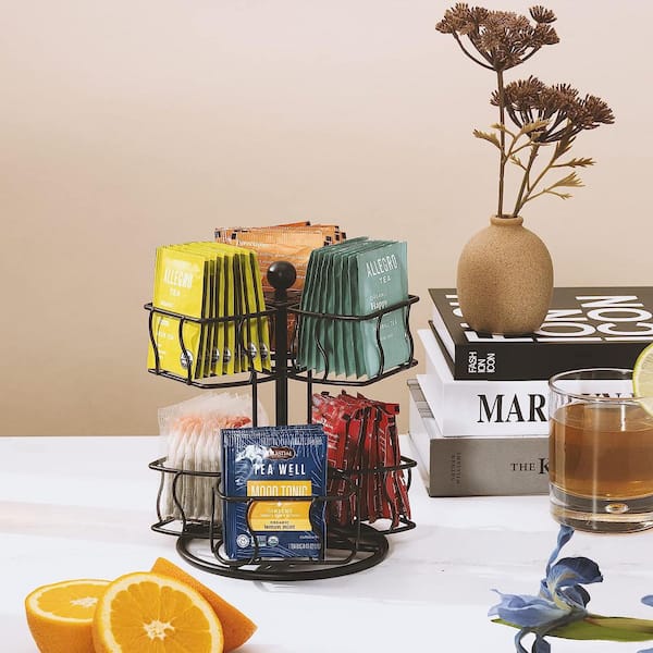 Iron Tea Bag Spinning Carousel Organizer for Countertop Holds Up to 60 Large Tea Bags, 2-Tier Black Pantry Organizer