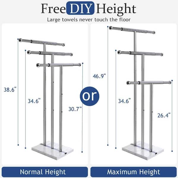 3-Tier 40 in. Standing Towel Rack with Weighted Marble Base, Adjustable Width Taller Bathroom Towel Rack Stand, Silver