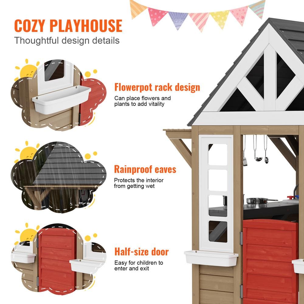 Modern Cedar Outdoor Playhouse with Kitchen and Flower Pot Holder