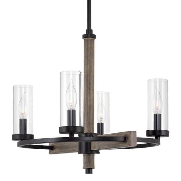Kira Home Alden 60-Watt 4-Light Black Farmhouse Chandelier with Clear Shade, No Bulb Included
