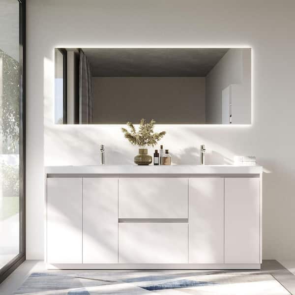 72 in. W x 20 in. D x 33 in. H Double Freestanding Vanity in Glossy White with Solid Surface Sink Top in White