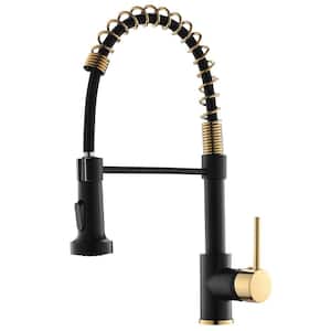 Single Handle Pull Down Sprayer Kitchen Faucet with Advanced Spray 1 Hole Kitchen Sink Taps in Matte Black&Polished Gold