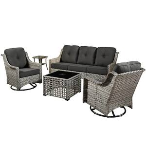 Palffy Gray 5-Piece Wicker Patio Conversation Seating Set with Black Cushions Swivel Rocking Chairs