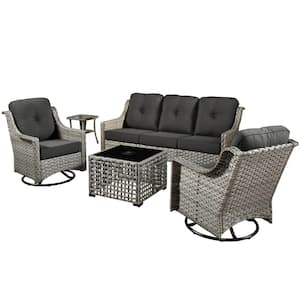 Palffy Gray 5-Piece Wicker Patio Conversation Seating Set with Black Cushions Swivel Rocking Chairs