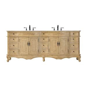 84 in. Double Sink Freestanding Antique Beige Bath Vanity with Ivory White Engineered Marble Top