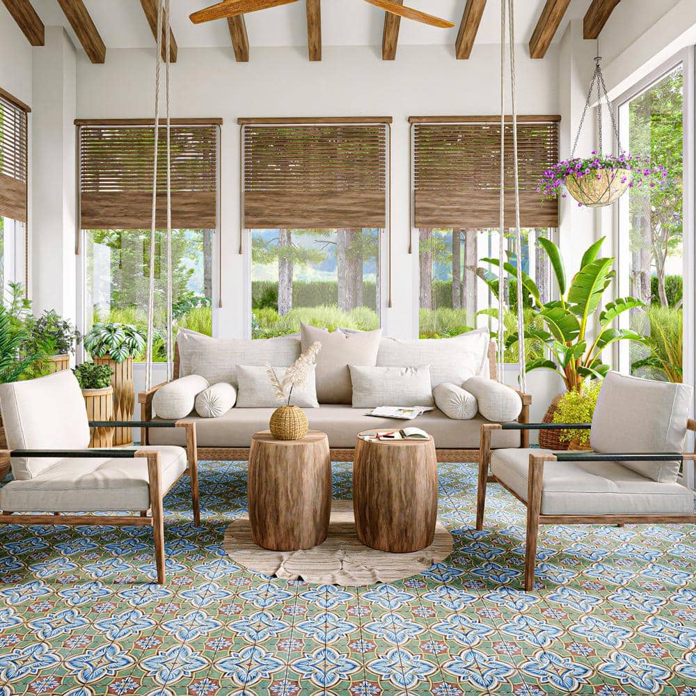 Harmonia 13" x 13" Green and Blue Ceramic Patterned Tile