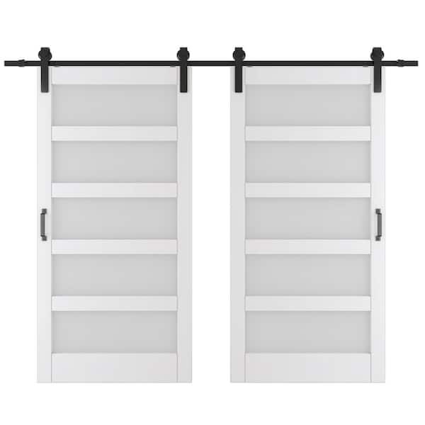 TENONER 84 in. x 84 in. Double 42 in. Doors White Finished, MDF Frosted Glass, 5-Glass Panel Sliding Barn Door with Hardware Kit