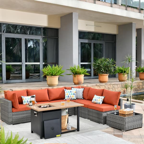 Toject Sanibel Gray 8-Piece Wicker Outdoor Patio Conversation Sofa Seating Set with a Storage Fire Pit and Orange Red Cushions