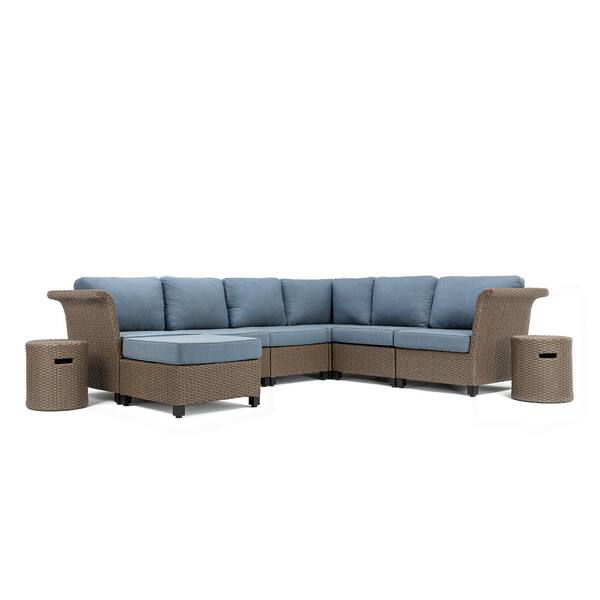 La Z Boy Nolin Weathered Brown 6 Piece Wicker Patio Conversation Set With Sunbrella Spectrum Denim Cushions Nol 6pc 2st O The Home Depot La Z Boy Nolin Weathered Brown 6 Piece, Lazy Boy Patio Furniture Cushions