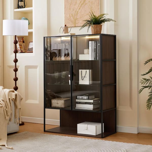 51.2 in. Brown MDF Freestanding Display Buffet Cabinet with LED Light and 4 Adjustable Shelves