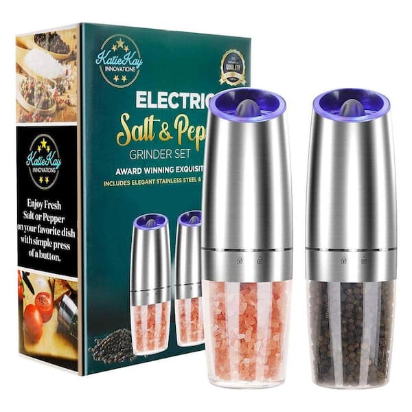 Electric Pepper and Salt Grinder Set with Adjustable Coarseness, LED Light, One Hand Operation (2 Pack, Sliver)