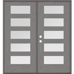 Modern 72 in. x 80 in. 5-Lite Right-Active/Inswing Satin Glass Malibu Grey Stain Double Fiberglass Prehung Front Door