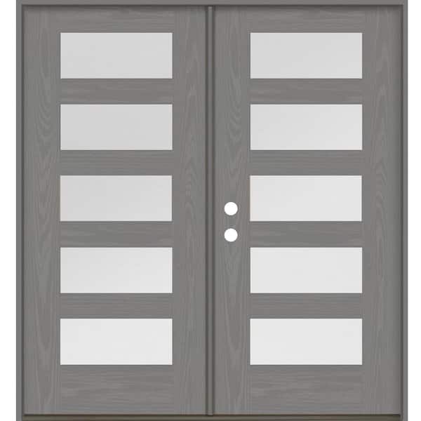 Modern 72 in. x 80 in. 5-Lite Right-Active/Inswing Satin Glass Malibu Grey Stain Double Fiberglass Prehung Front Door