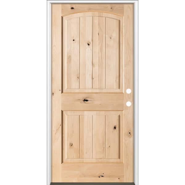 36 in. x 80 in. Rustic Knotty Alder Top Arch V-Grooved Left-Hand/Inswing Unfinished Wood Prehung Front Door