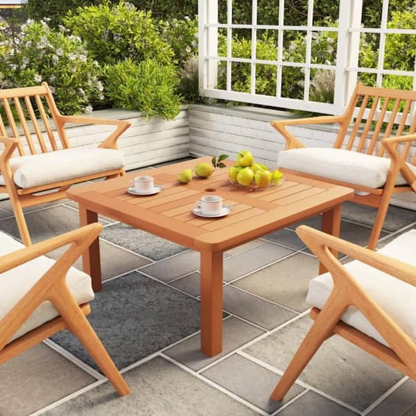 Clihome Patio Coffee Table with Umbrella Hole and Teak Oil Finish