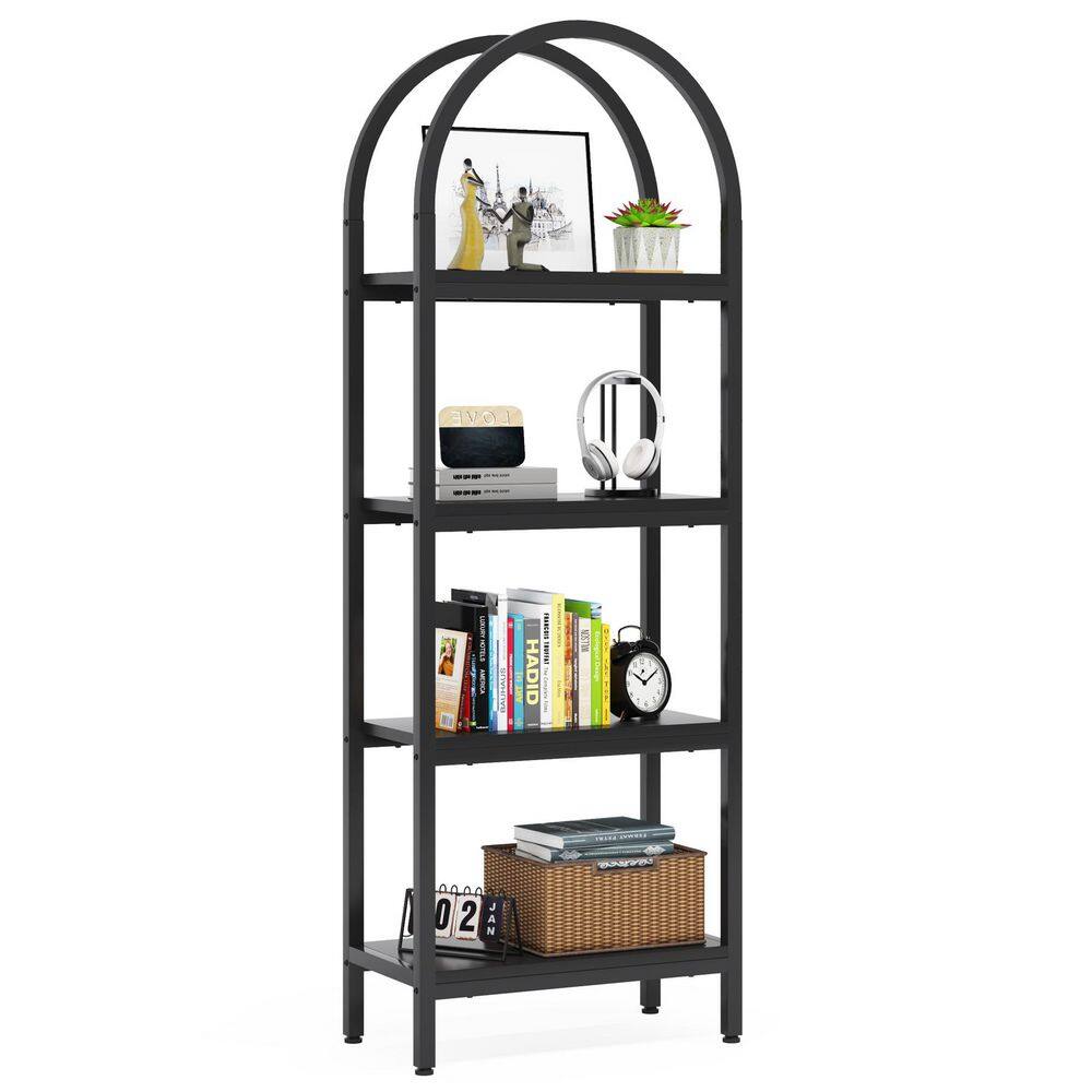 Eulas 70.9 in. Tall Black Wood 4-Shelf Standard Bookcase with Metal Frame, Farmhouse Storage Rack Standing Bookshelf