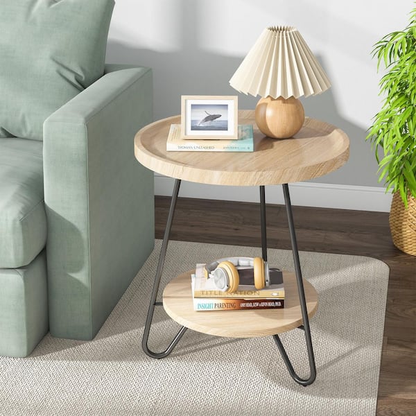 Andrea 20 in. Wood Color Round Wood End Table with Metal Legs for Living Room Bedroom