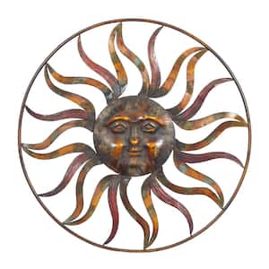36 in. x  36 in. Metal Brown Indoor Outdoor Sun Wall Decor with Colorful Painted Accents