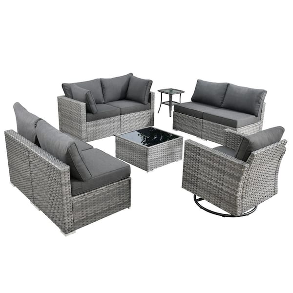 Messi Gray 9-Piece Wicker Outdoor Patio Conversation Sectional Sofa Set with a Swivel Chair and Black Cushions