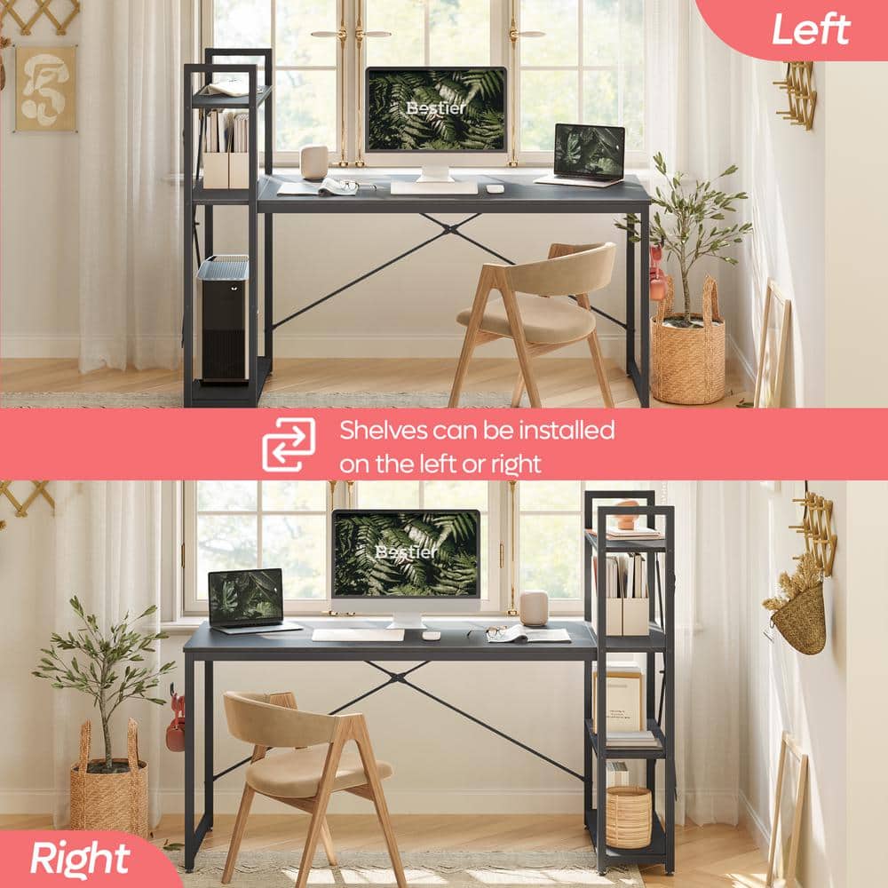 63" Black Oak Writing Desk with Headphone Hook and Reversible Bookshelf