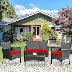 4-Piece Rattan Outdoor Patio Conversation Set Furniture Set with Red Cushion