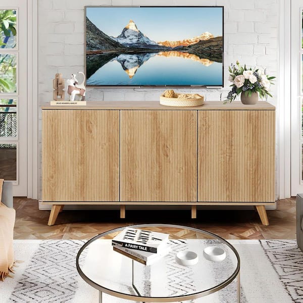 ATHMILE 57.87 in. L MDF Natural Storage Cabinet for Living Room