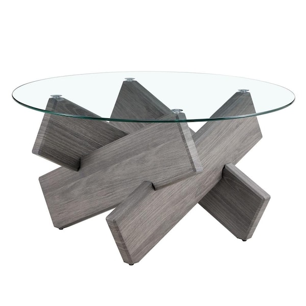 Polibi Modern 33.4 in. Gray Round Glass Coffee Table