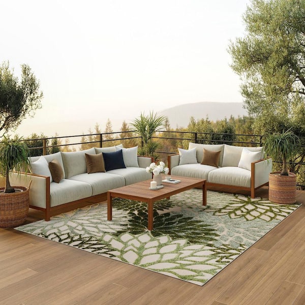 Aloha Ivory Green 6 ft. x 9 ft. Floral Contemporary Indoor/Outdoor Area Rug