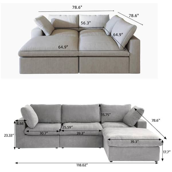 Magic Home 79 in. Modular Gray Linen Down Filled Full Size 3-Seat