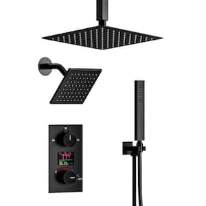 3-Spray 12 and 6 in. Dual Shower Head and Handheld Shower Head with LCD Display in Matte Black (Valve Included)