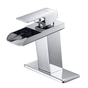 Single Handle Single Hole Brass Waterfall Bathroom Sink Faucet with Deckplate Included in Polished Chrome