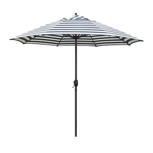 California Umbrella 9 ft. Aluminum Market Auto Tilt Crank Lift Bronze Patio Umbrella in Navy White Cabana Stripe Olefin