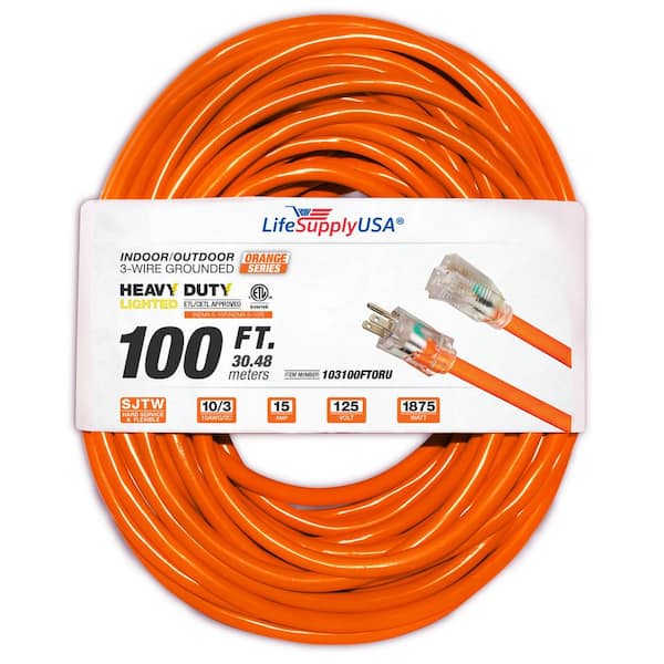 LifeSupplyUSA 100 ft. 10/3 SJTW 15 Amp 125-Volt 1875-Watt Orange Indoor/Outdoor Heavy-Duty with Lighted End Extension Cord