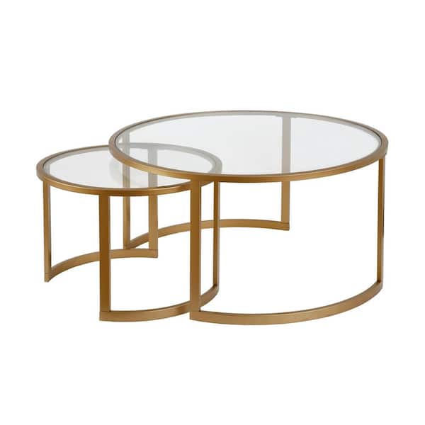 Mitera 36 in. 2-Piece Brass Round Glass Top Coffee Table Set with Nesting Tables