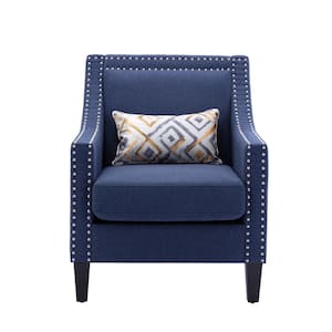 Navy Linen Fabric Upholstered Accent Arm Chair with Nailheads and Solid Wooden Legs
