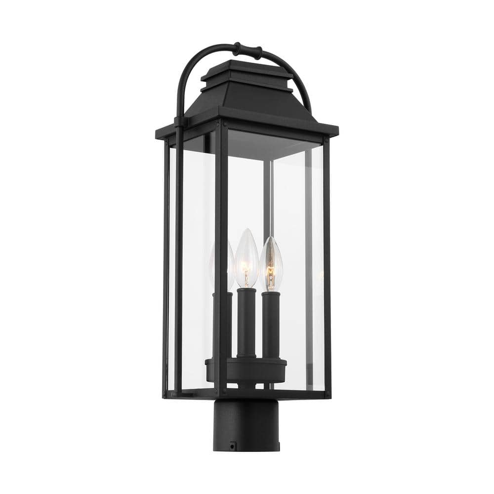Verdae Black Three-Light Post Lantern with Clear Seeded Glass