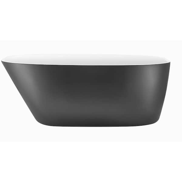 VANITYFUS 62.4 in. Acrylic Freestanding Flatbottom Slipper Soaking Bathtub in Matte Grey with Brass Drain and Overflow