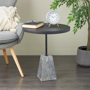 20 in. Black Geometric Large Round Wood End Table with Gray Marble Pyramid Base