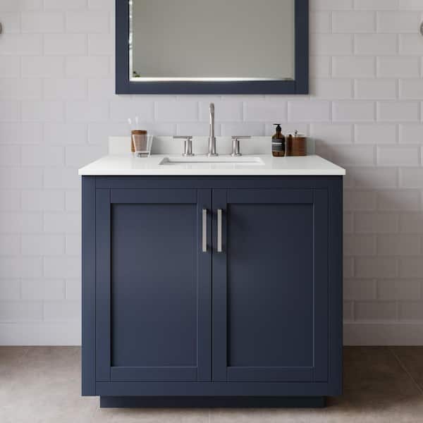 Wyndham Collection Miranda 36 in. W x 22 in. D x 33.75 in. H Single Bath Vanity in Dark Blue with White Quartz Top and 34 in. Mirror