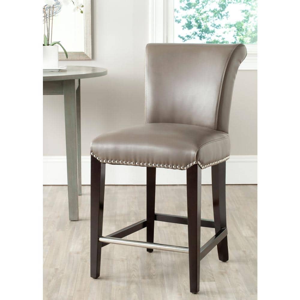 Transitional Clay Gray Leather and Wood Counter Stool