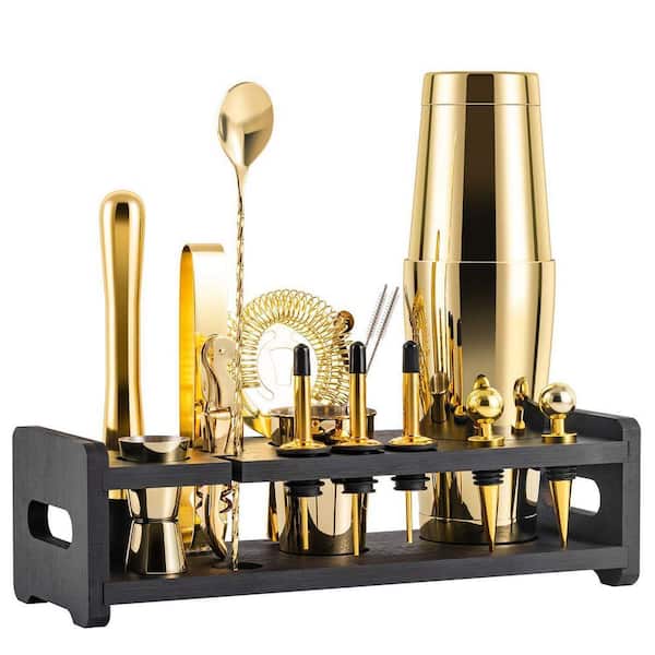 24-Piece Gold Stainless Steel Cocktail Shaker Set with Stand, Velvet Carry Bag and Recipes Cards for Home Bartending