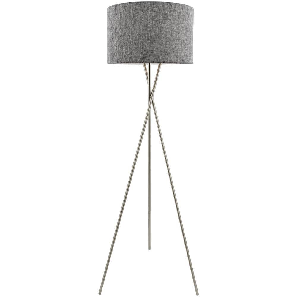 Gray Fabric Shade Brushed Nickel Tripod Floor Lamp