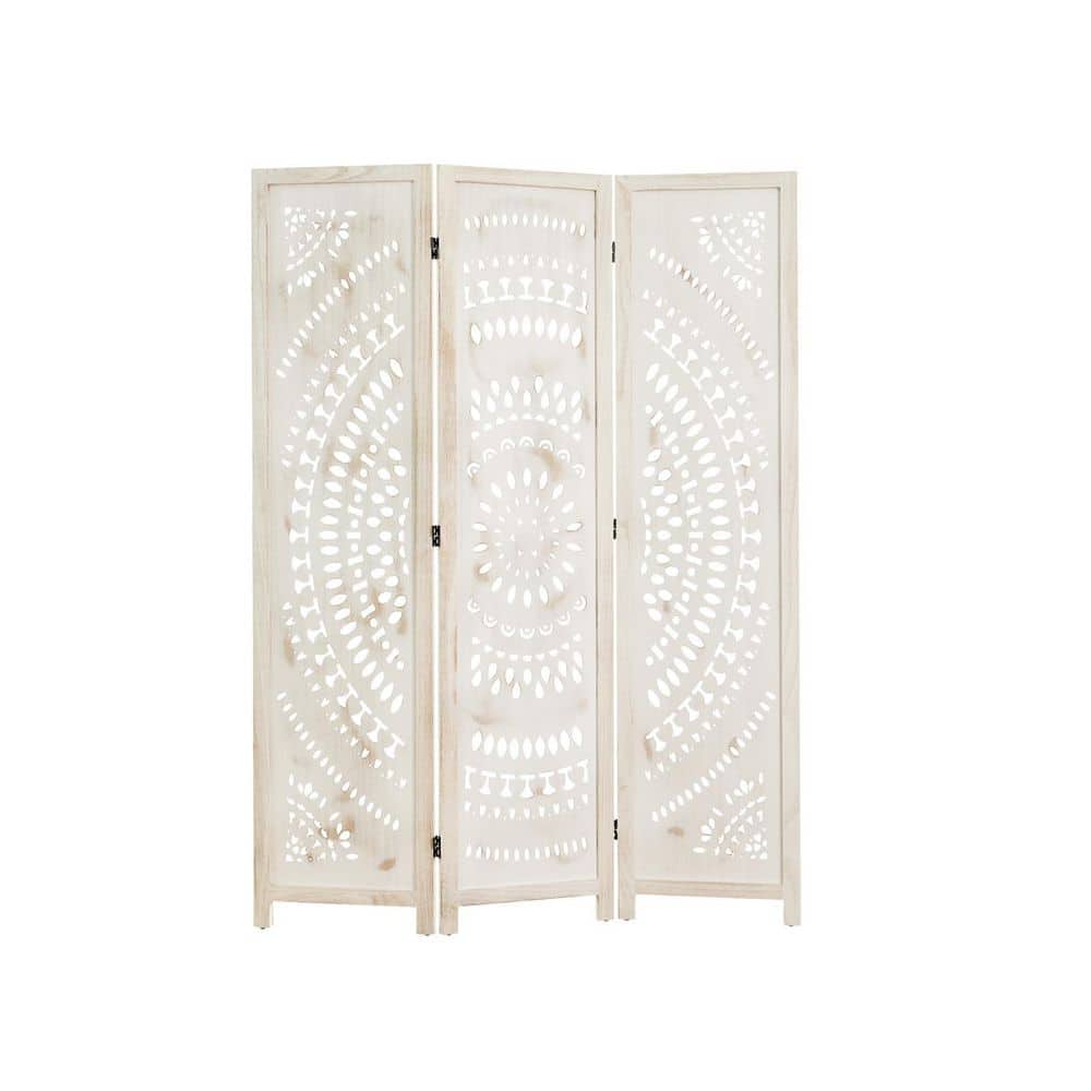 67 in. White-Washed 3-Panels Folding Freestanding Room Divider, Wood Carved