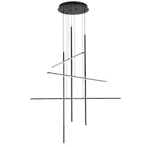 39 in. 6 Lights Integrated LED Dimmable Black Linear Chandelier for Stairs Entrance Dining Room