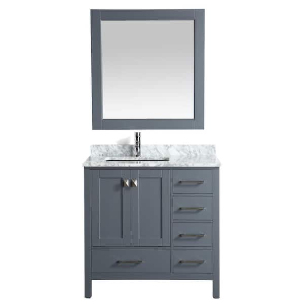 Design Element London 36 in. W x 22 in. D Vanity in Gray with Marble Vanity Top in Carrera White with White Basin and Mirror