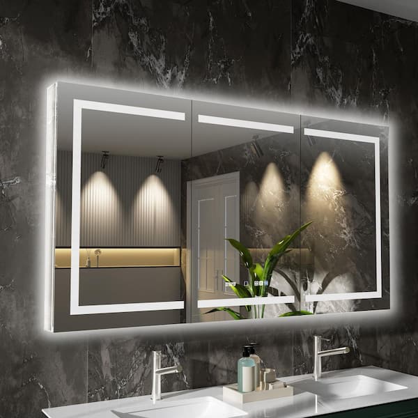 AZDHOME 66 in. W x 36 in. H Rectangular Silver Aluminum Recessed/Surface Mount Medicine Cabinet with Mirror, LED and Clock