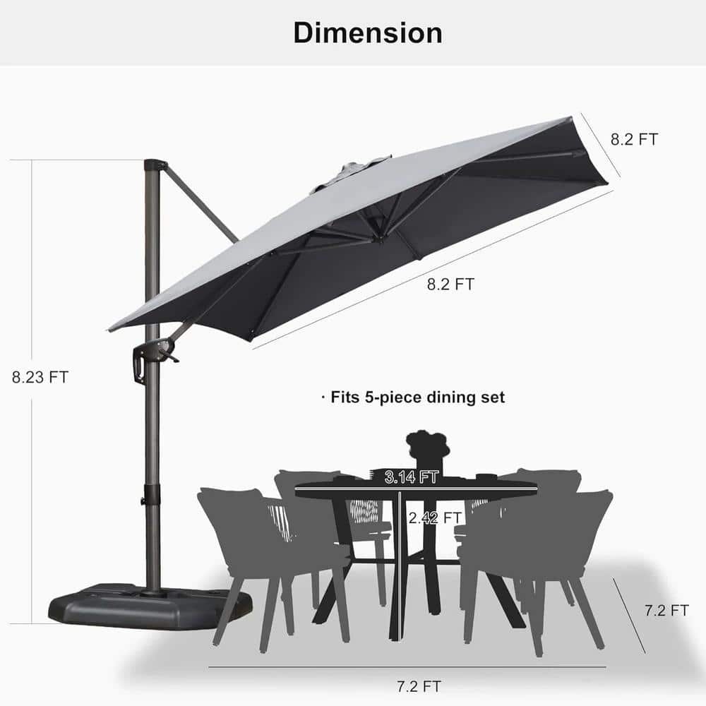 8 ft. Gray Aluminum Cantilever Patio Umbrella with Stand
