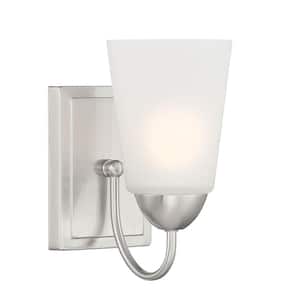 Malone 4.75 in. 1-Light Brushed Nickel Transitional Wall Sconce with Frosted Glass Shade