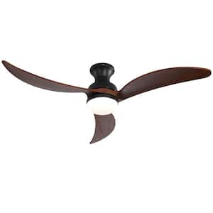 52 in. Indoor/Outdoor Flush Mount Ceiling Fan 3 Carved Wood Fan Blades Matte Black Ceiling Fan with 6-Speed Remote